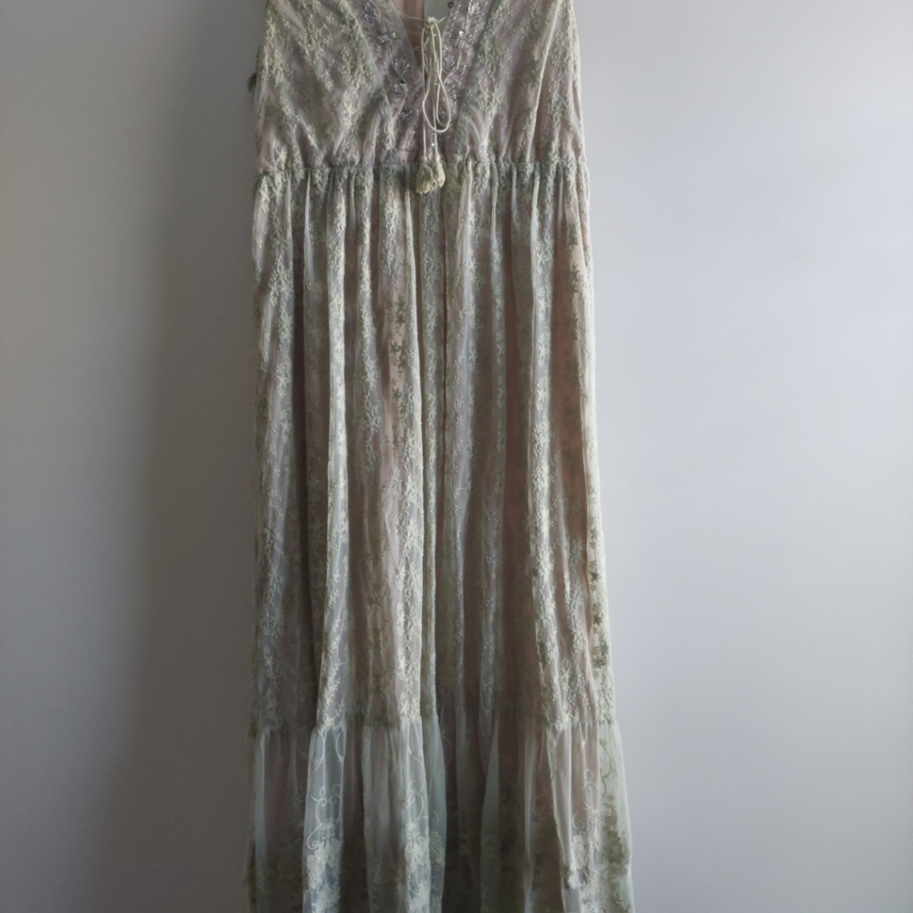 Fully Embroidered Floral Lace Beaded Maxi Dress Green Cottagecore Fairycore 12
